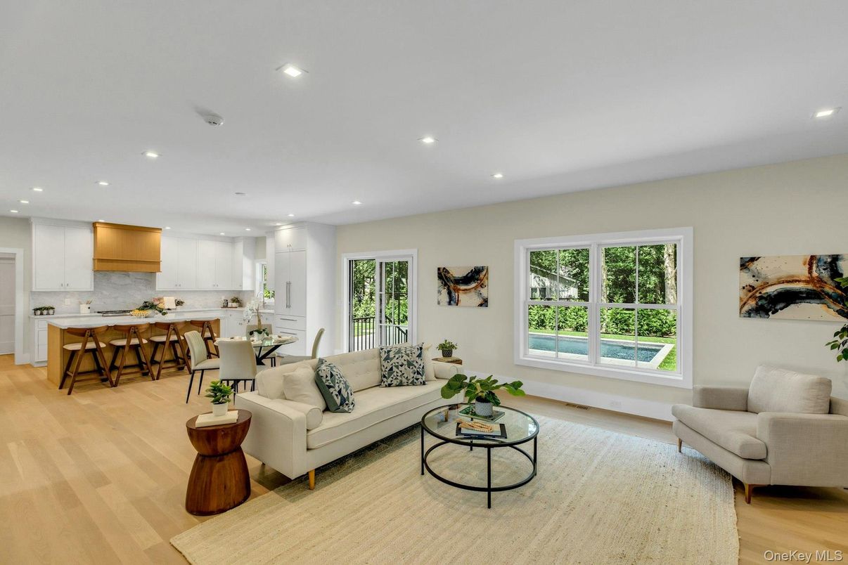 Dining room, Interior, Kitchen, Living room, Recessed Lighting, Wood Texture Flooring