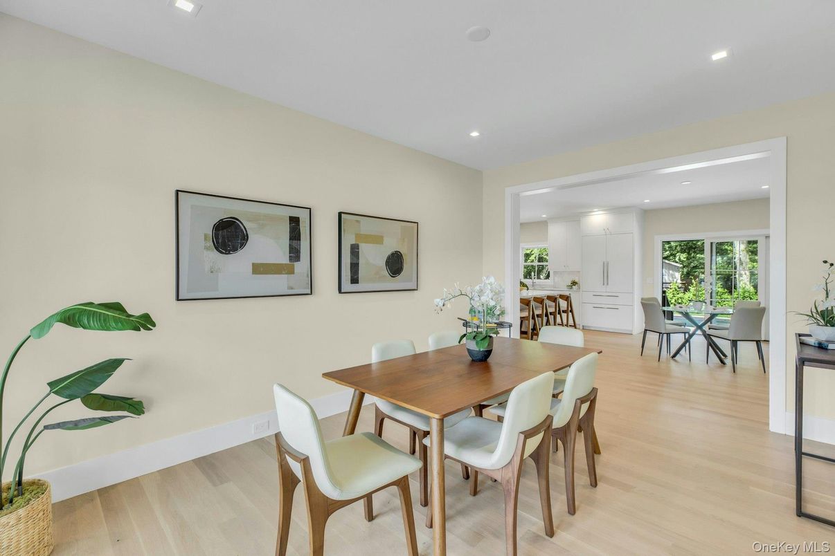 Dining room, Interior, Recessed Lighting, Wood Texture Flooring