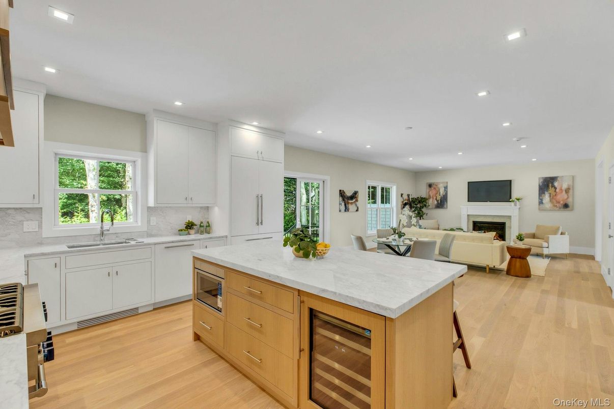 Fireplace, Interior, Kitchen, Living room, Recessed Lighting, Wood Texture Flooring