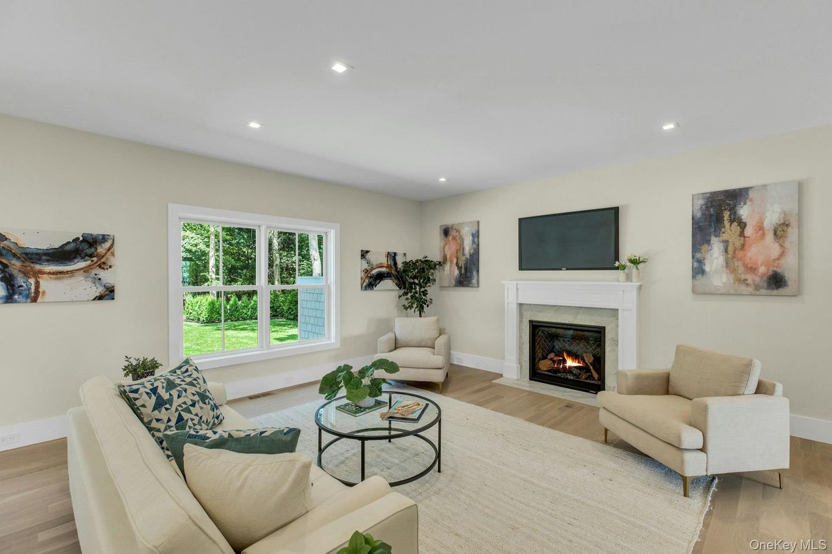 Fireplace, Interior, Living room, Recessed Lighting, Wood Texture Flooring