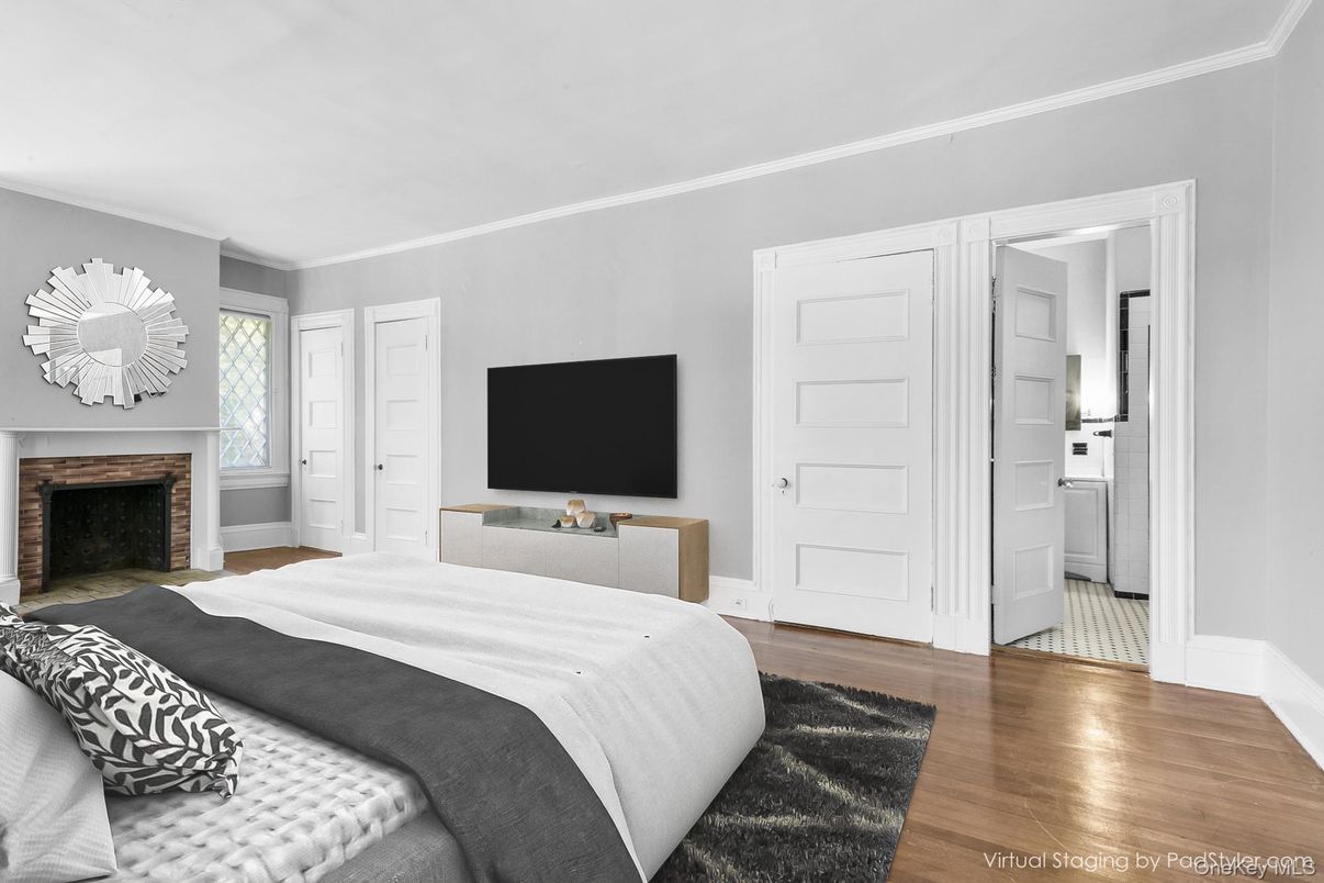 Bedroom, Fireplace, Interior, Wood Texture Flooring