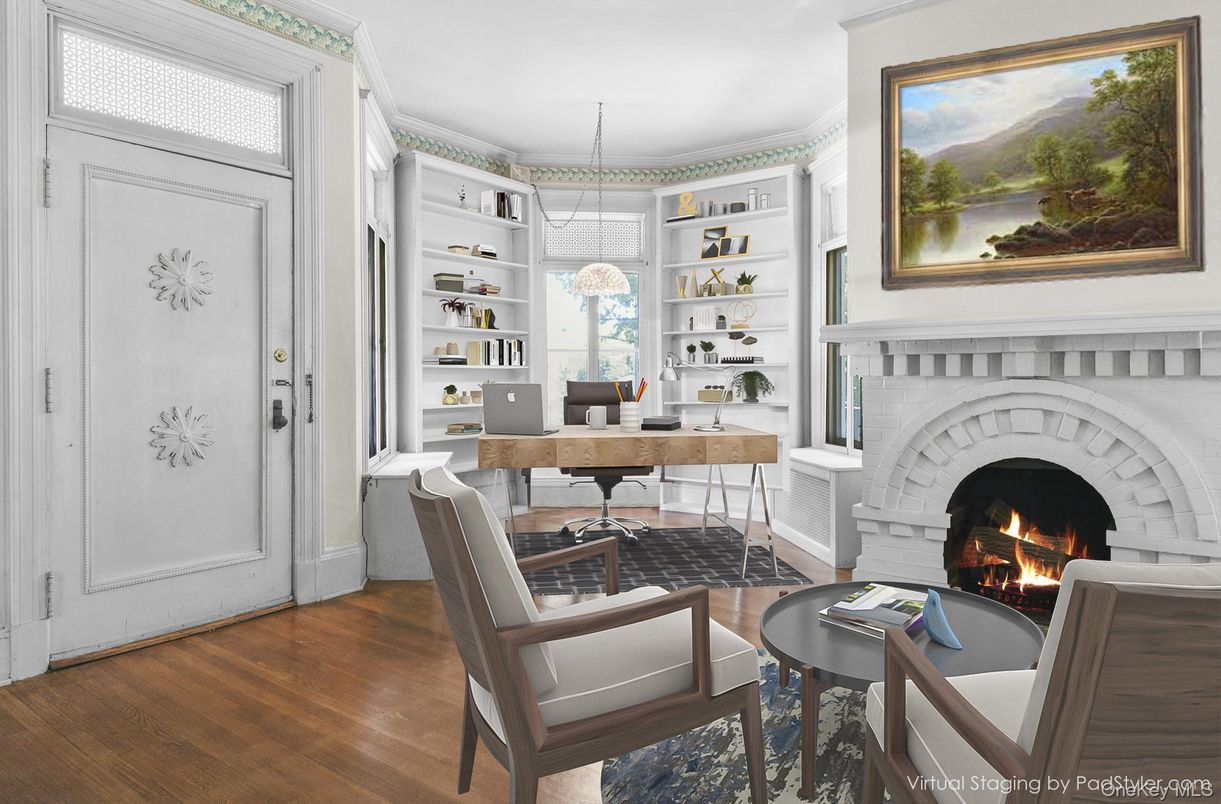 Fireplace, Home Office, Interior, Pendant Lights, Wood Texture Flooring