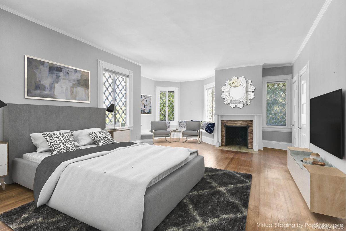 Bedroom, Fireplace, Interior, Wood Texture Flooring