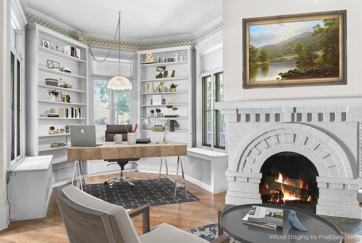 Fireplace, Home Office, Interior, Pendant Lights, Wood Texture Flooring