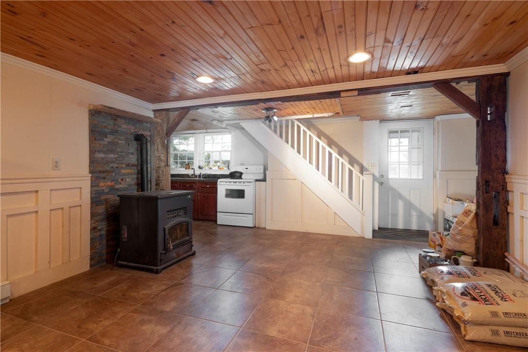 Fireplace, Interior, Recessed Lighting, Stone Walls, Wooden Ceilings