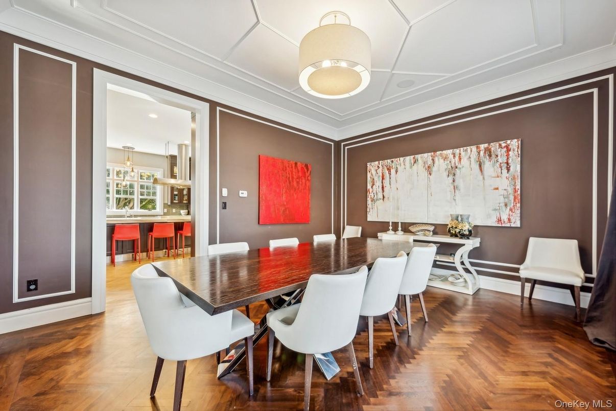 Dining room, Interior, Pendant Lights, Recessed Lighting, Wood Texture Flooring