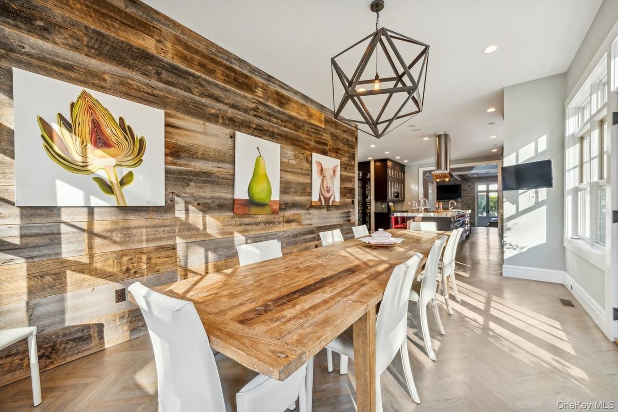 Dining room, Interior, Kitchen, Pendant Lights, Recessed Lighting, Wood Texture Flooring, Wooden Walls