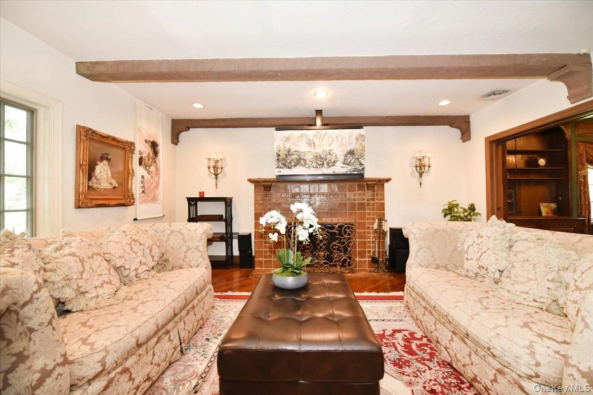 Fireplace, Interior, Living room, Recessed Lighting, Wooden Beams, Wood Texture Flooring