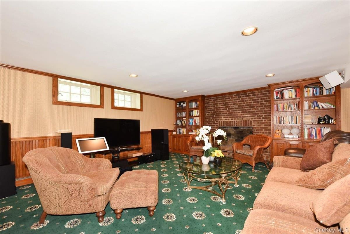 Fireplace, Interior, Living room, Recessed Lighting, Stone Walls