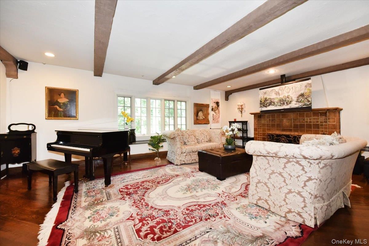 Fireplace, Interior, Living room, Piano, Recessed Lighting, Wooden Beams, Wood Texture Flooring