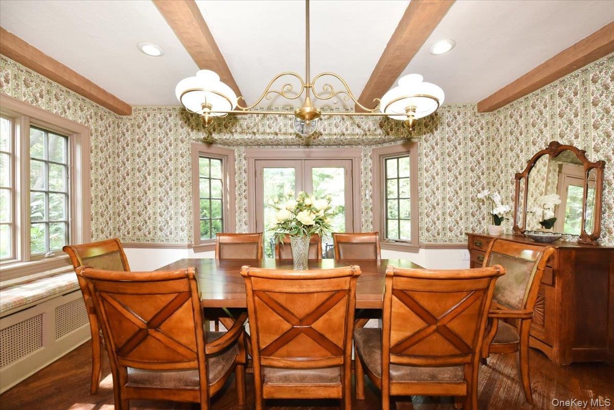 Chandelier, Dining room, Interior, Recessed Lighting, Wooden Beams, Wood Texture Flooring