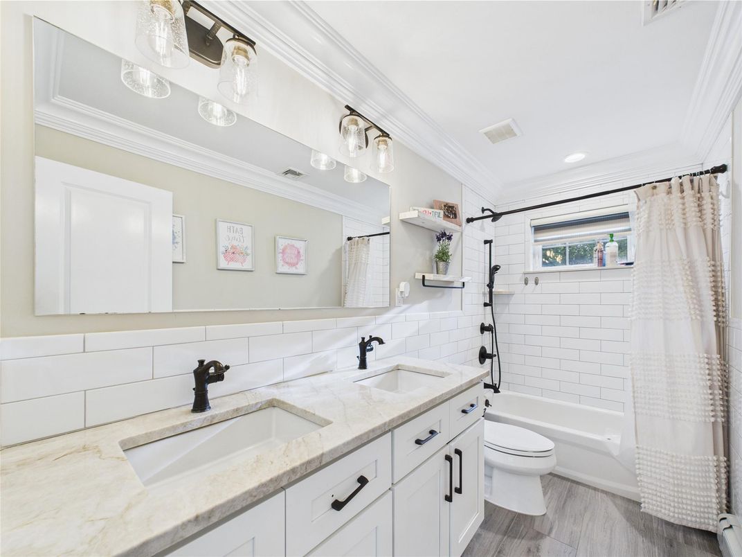 Bathroom, Dual Sink Vanities, Interior, Recessed Lighting, Wood Texture Flooring