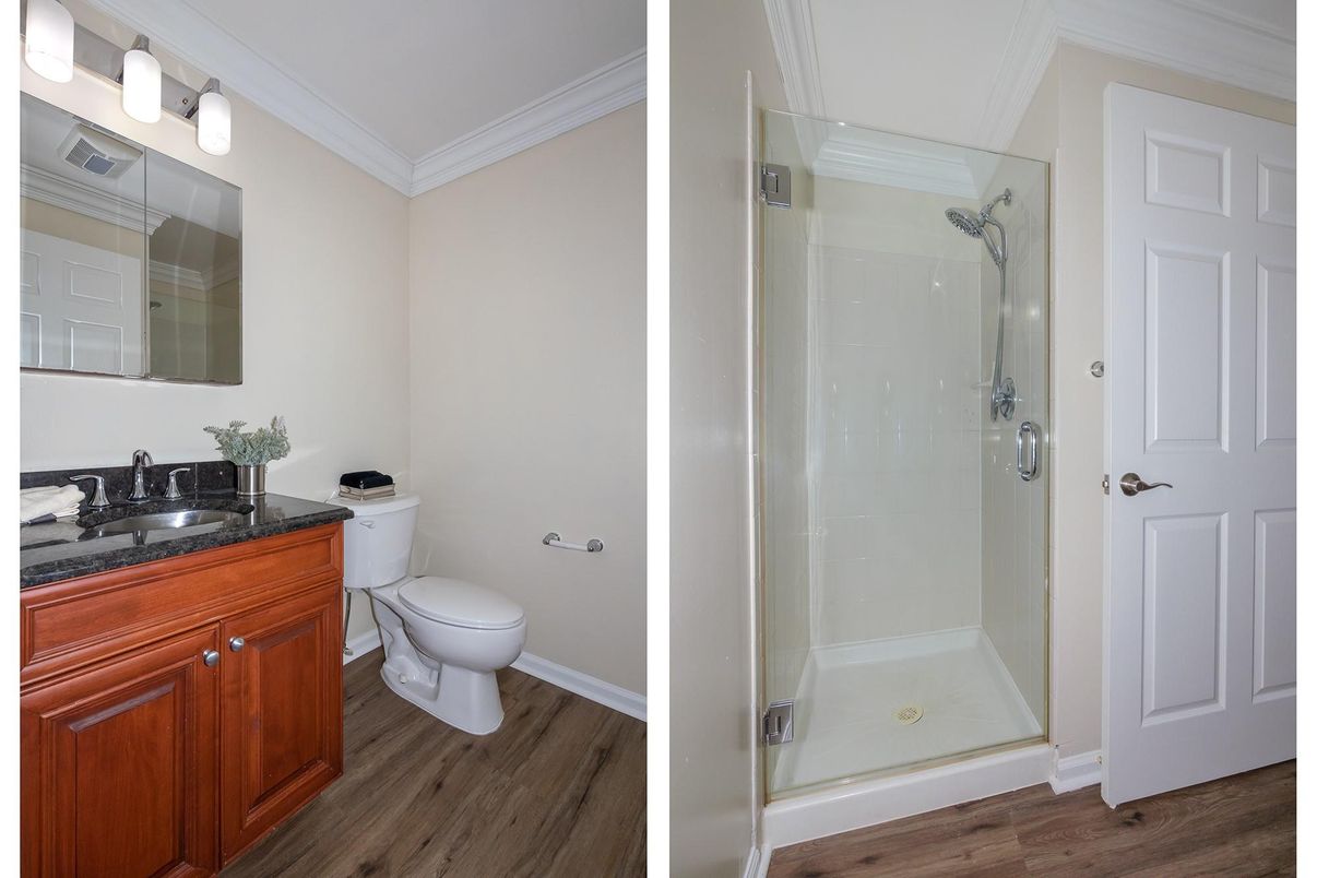 Bathroom, Glass Shower, Interior, Wood Texture Flooring