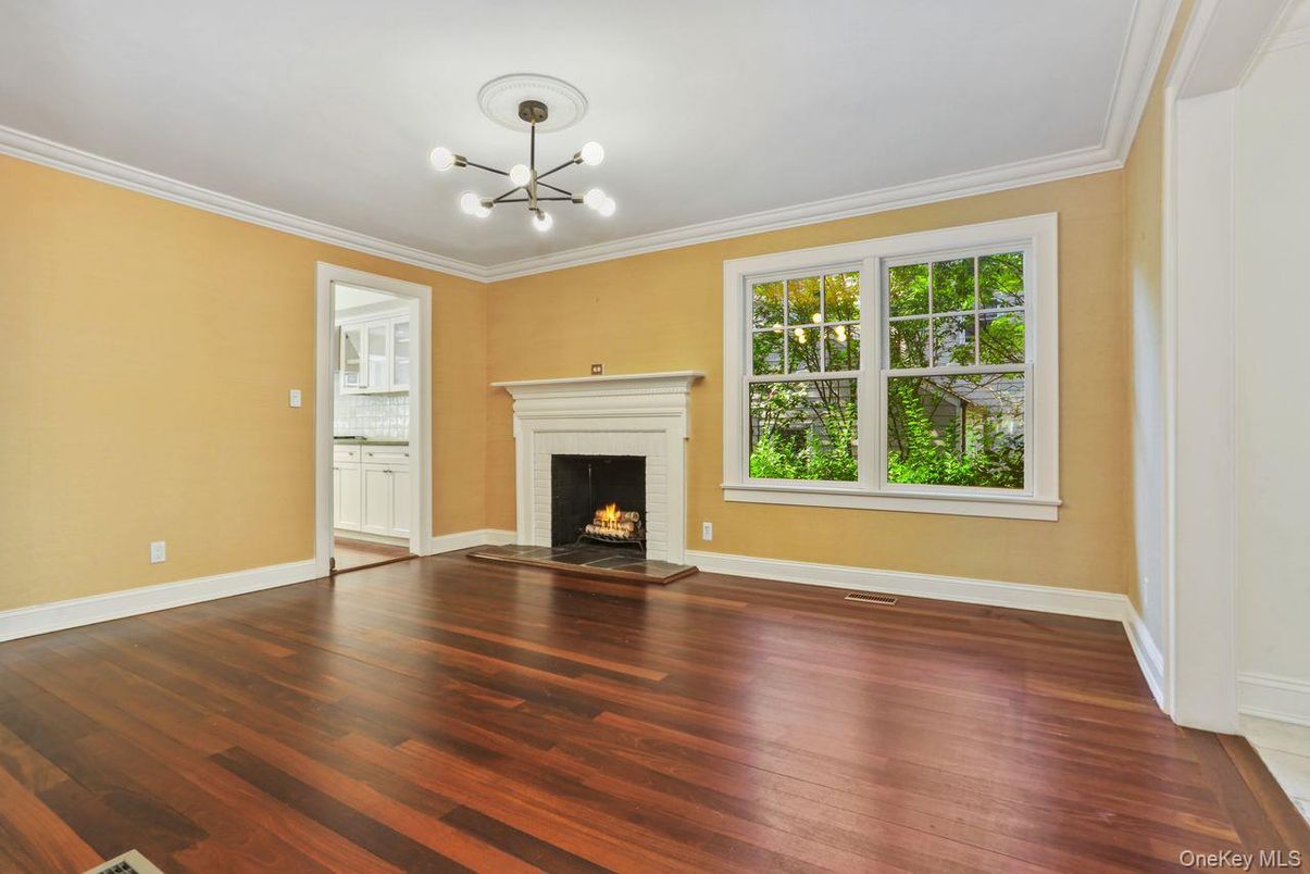 Empty room, Fireplace, Interior, Pendant Lights, Wood Texture Flooring