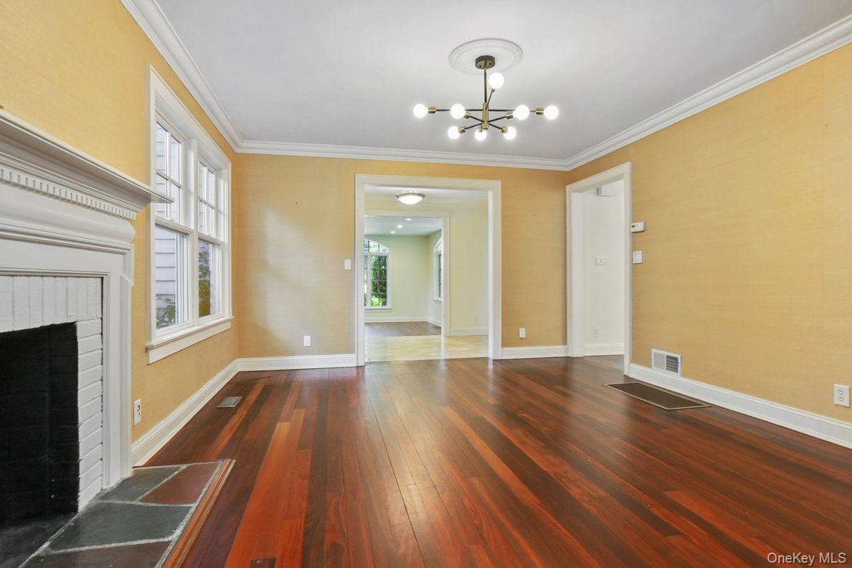 Empty room, Fireplace, Interior, Pendant Lights, Wood Texture Flooring
