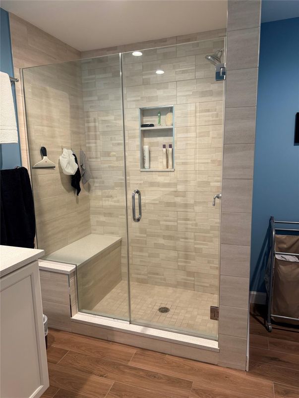 Bathroom, Glass Shower, Interior, Wood Texture Flooring