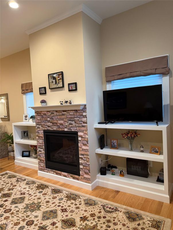 Fireplace, Interior, Recessed Lighting, Wood Texture Flooring