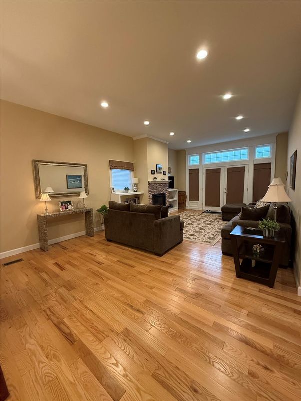 Fireplace, Interior, Living room, Recessed Lighting, Wood Texture Flooring