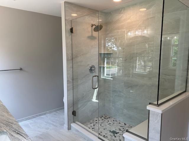 Bathroom, Glass Shower, Interior, Marble Walls, Recessed Lighting