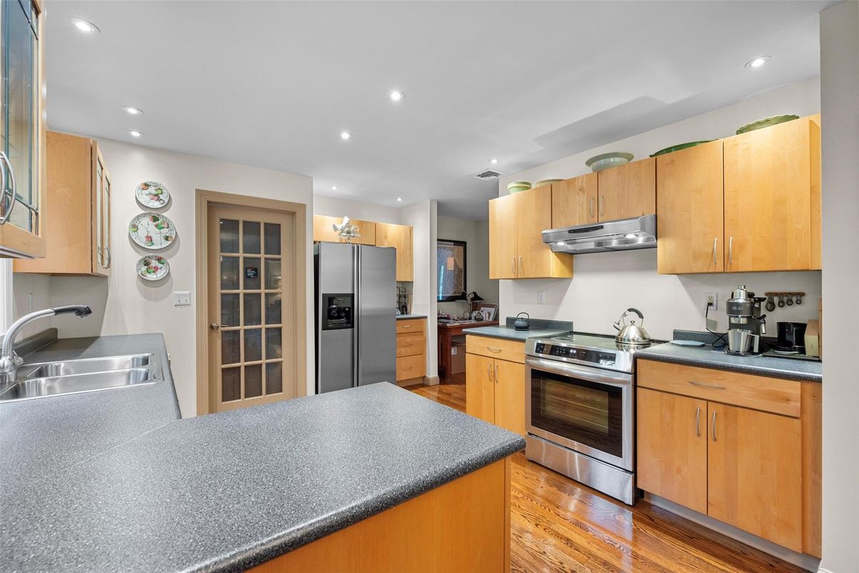 Interior, Kitchen, Recessed Lighting, Stainless Steel Appliances, Wood Texture Flooring