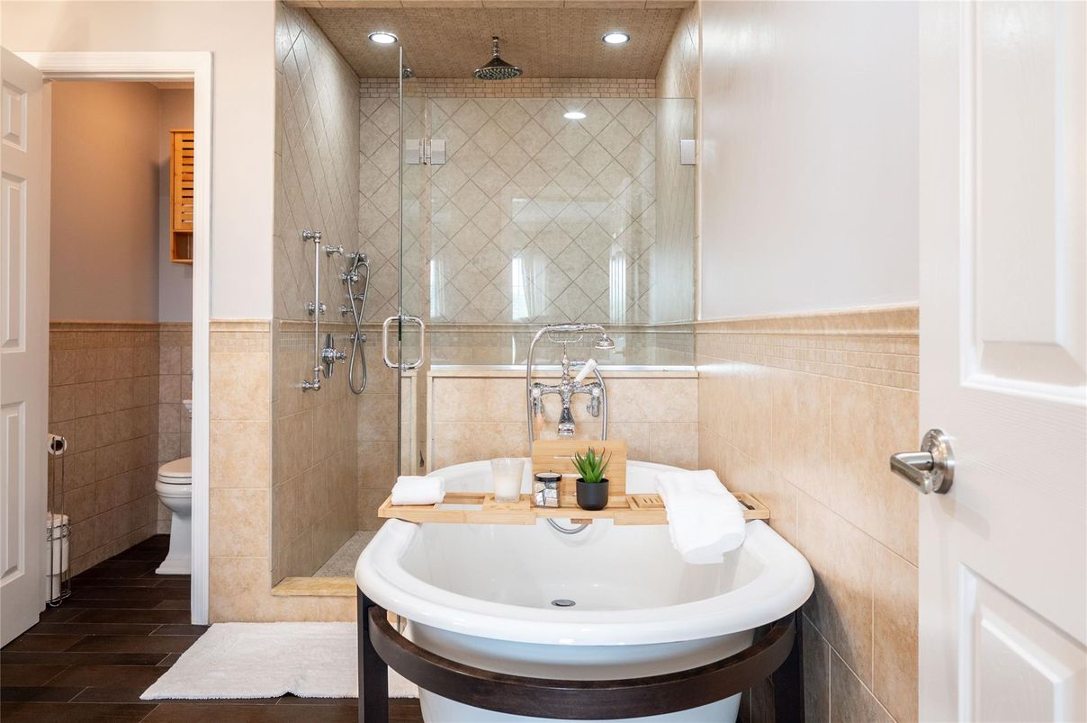 Bathroom, Glass Shower, Interior, Recessed Lighting, Wood Texture Flooring