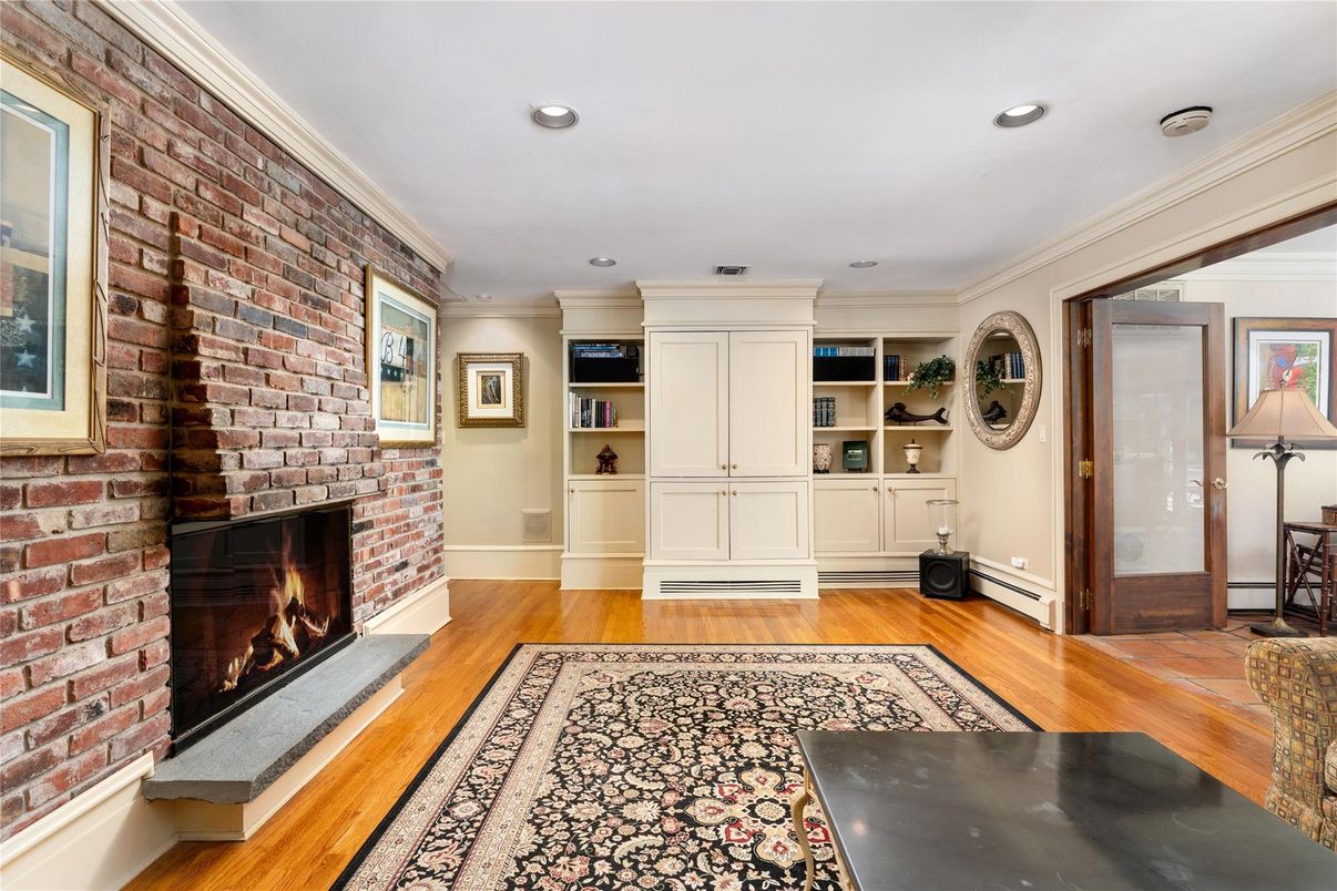 Fireplace, Interior, Recessed Lighting, Stone Walls, Wood Texture Flooring