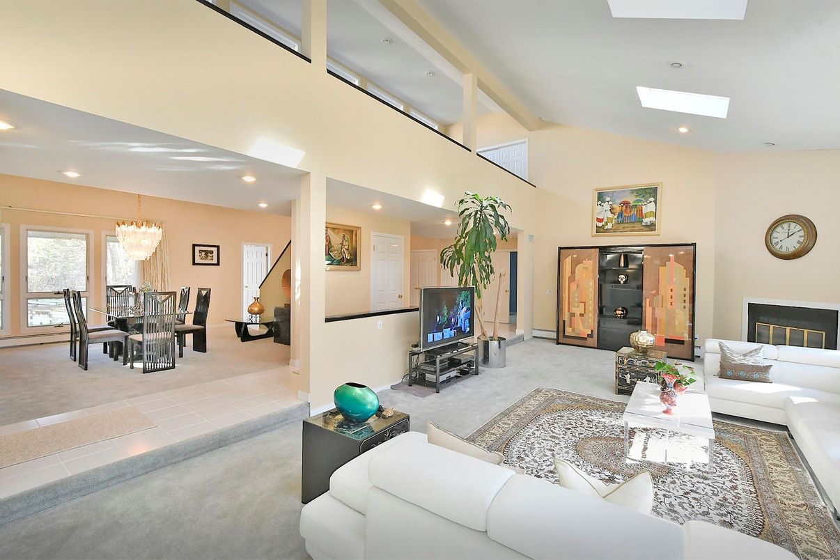 Chandelier, Dining room, Fireplace, Interior, Living room, Recessed Lighting