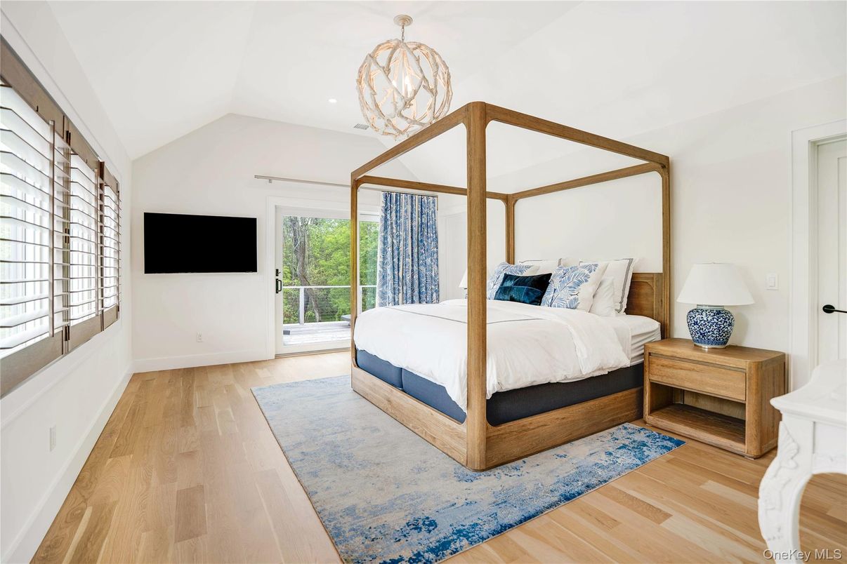 Bedroom, Chandelier, Interior, Recessed Lighting, Wood Texture Flooring
