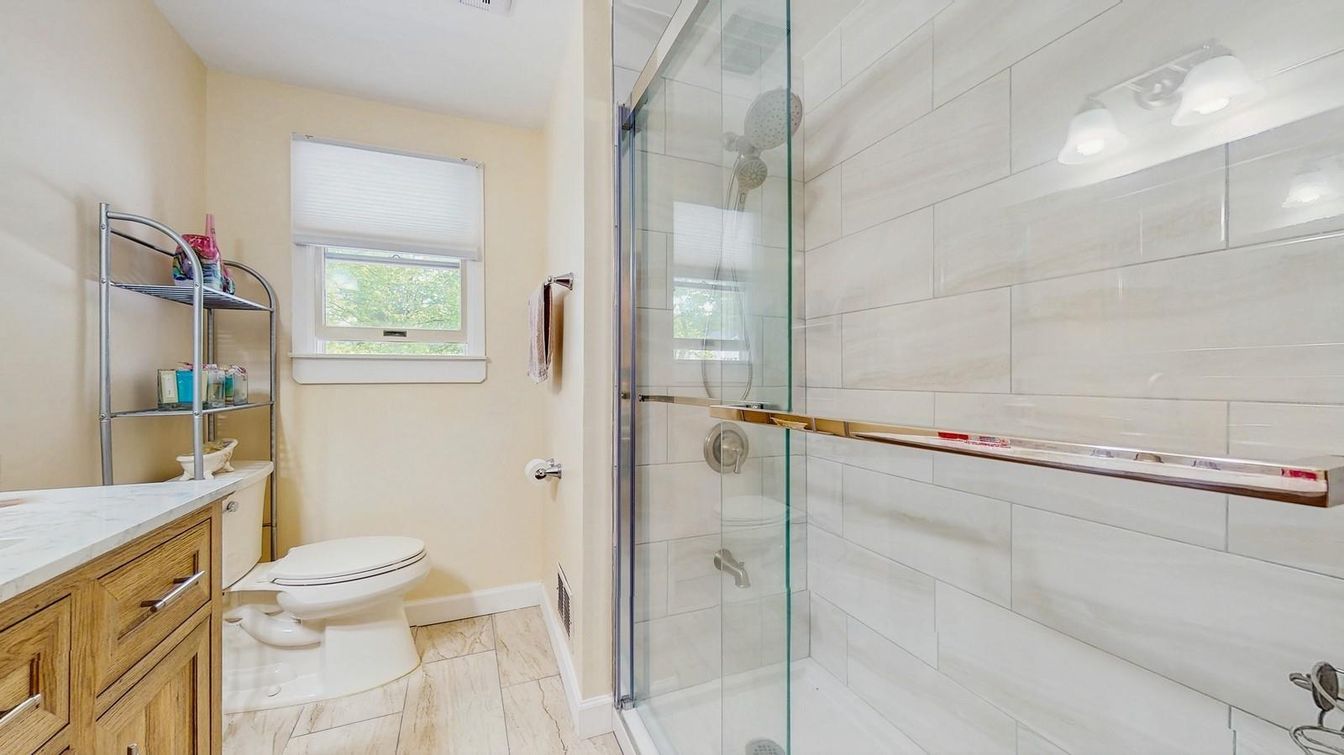 Bathroom, Glass Shower, Interior, Wood Texture Flooring