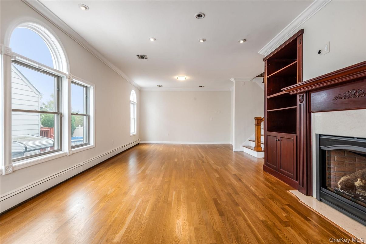 Empty room, Fireplace, Interior, Recessed Lighting, Wood Texture Flooring