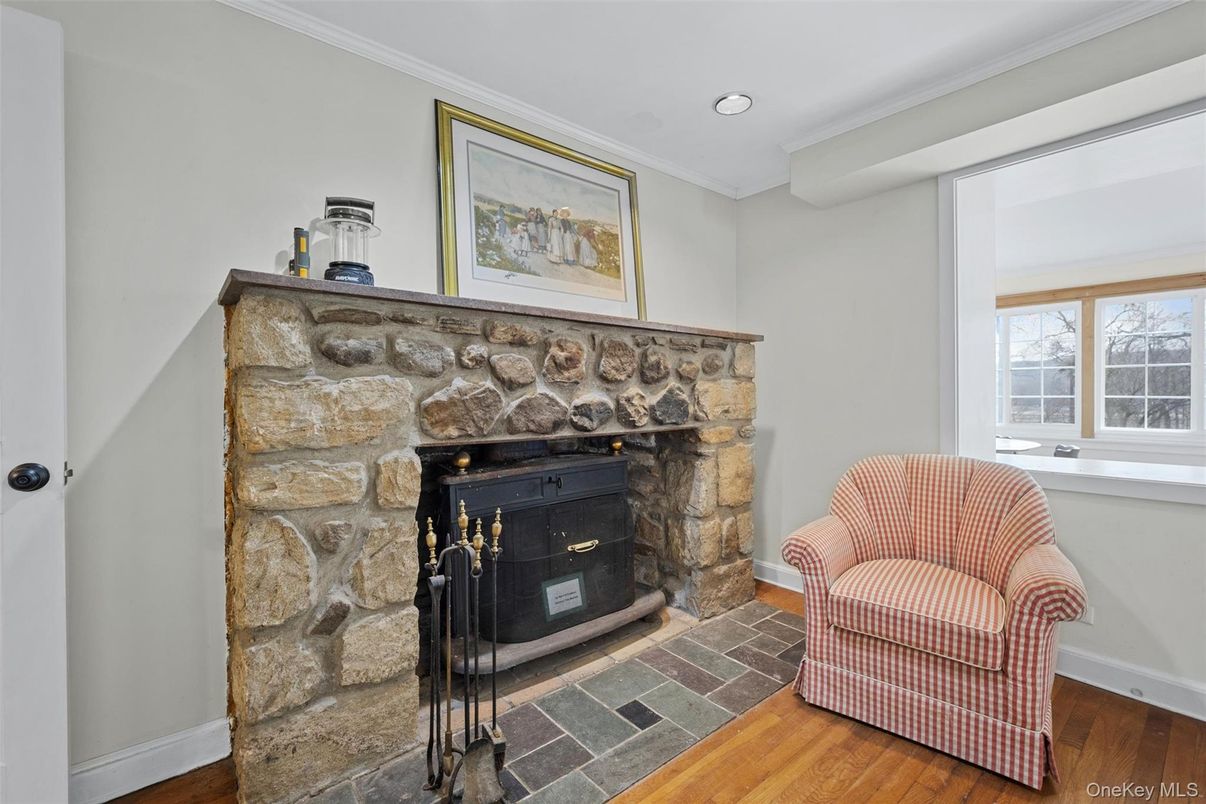 Fireplace, Interior, Recessed Lighting, Stone Walls, Wood Texture Flooring