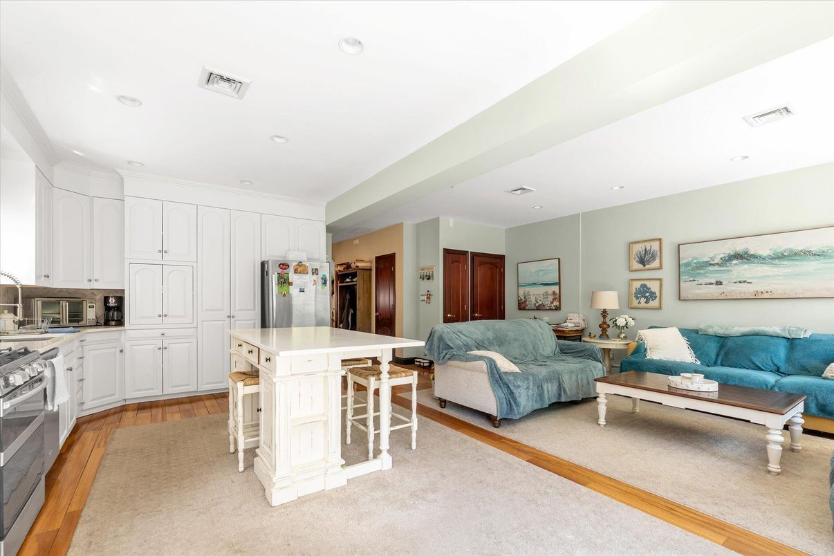 Interior, Kitchen, Living room, Recessed Lighting, Stainless Steel Appliances, Wood Texture Flooring
