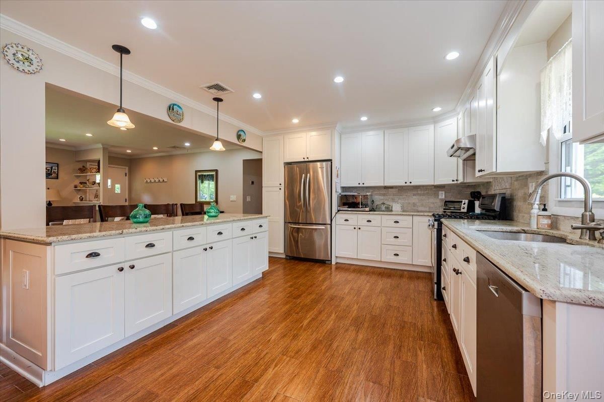 Interior, Kitchen, Pendant Lights, Recessed Lighting, Stainless Steel Appliances, Wood Texture Flooring