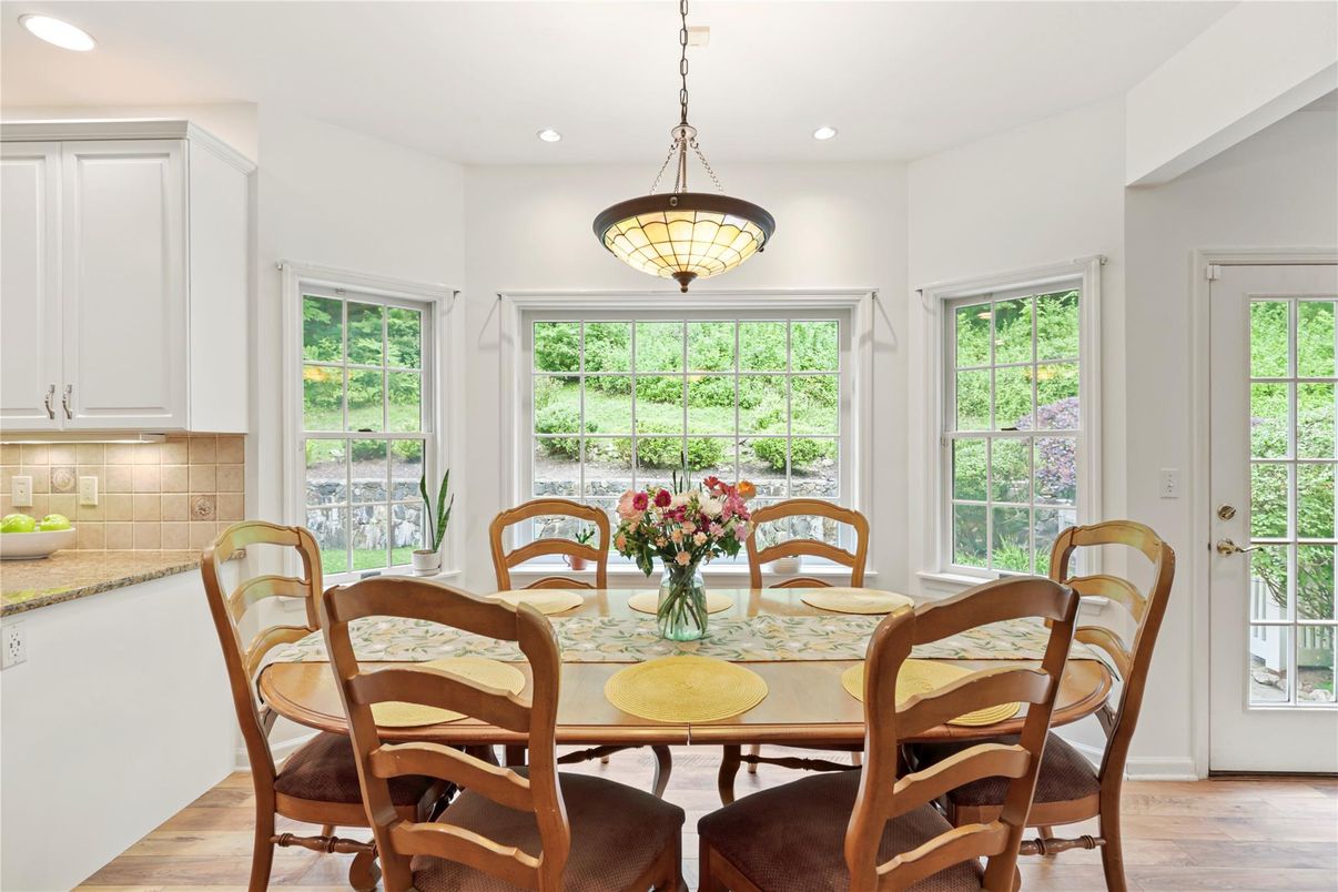 Dining room, Interior, Pendant Lights, Recessed Lighting, Wood Texture Flooring