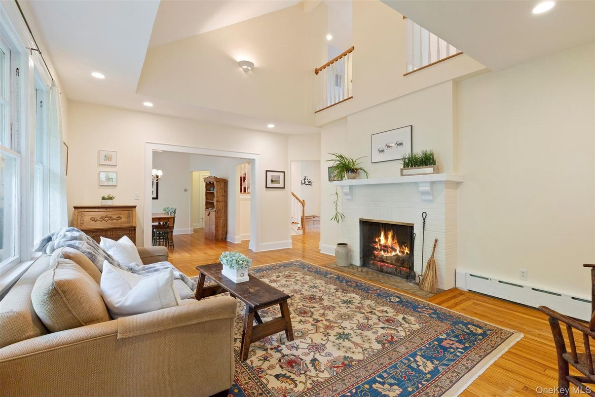 Fireplace, Interior, Living room, Recessed Lighting, Wood Texture Flooring