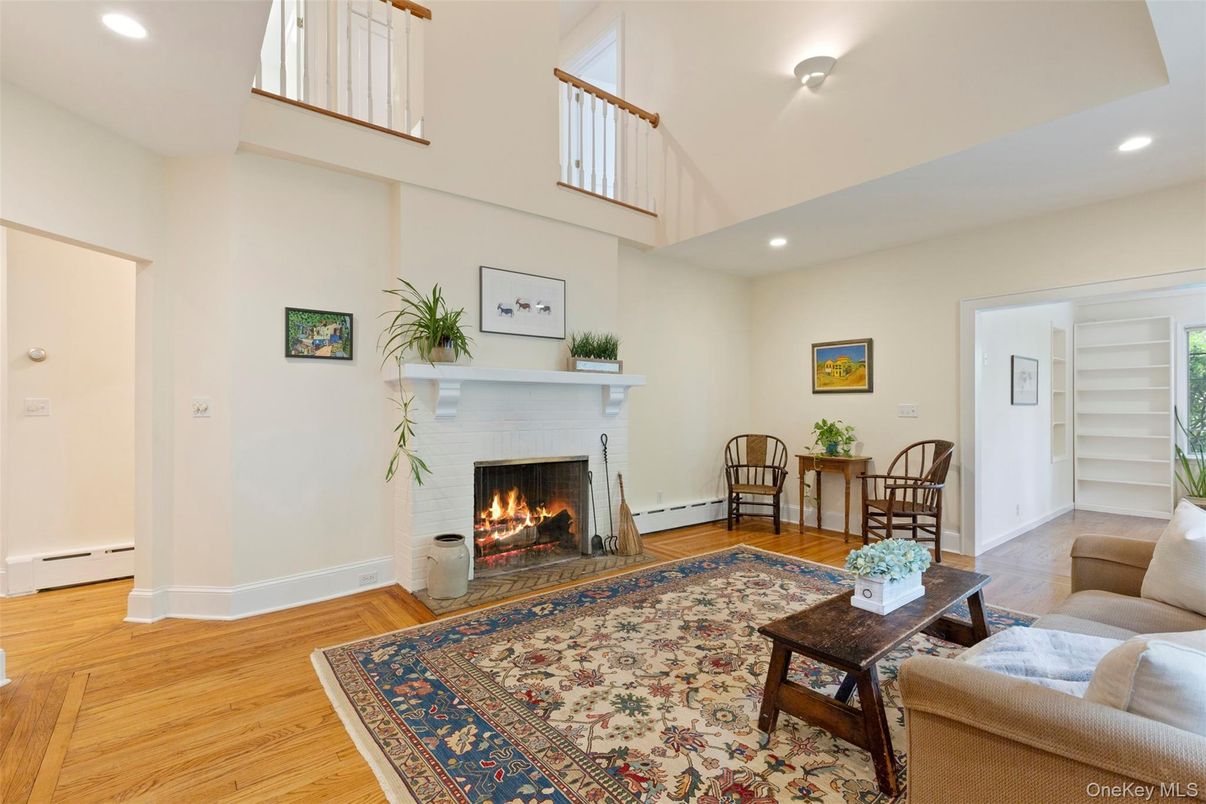 Fireplace, Interior, Living room, Recessed Lighting, Wood Texture Flooring