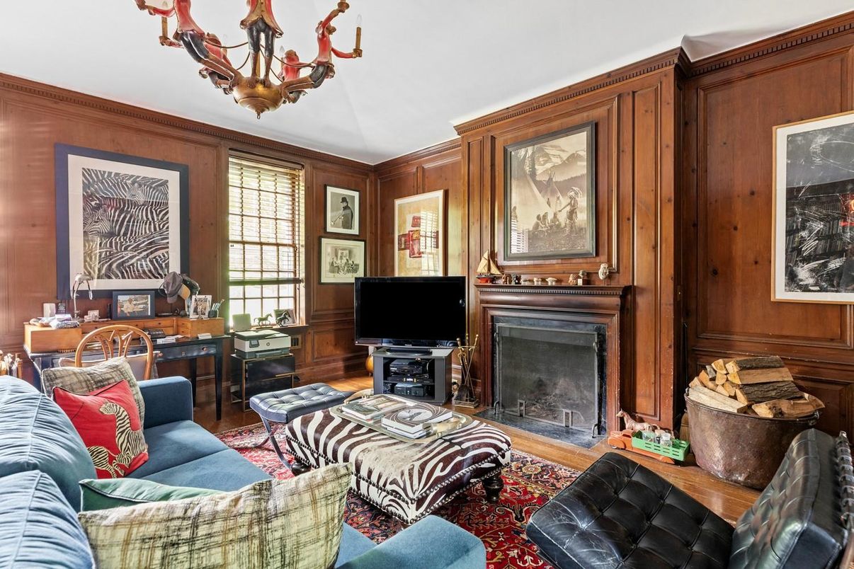 Chandelier, Fireplace, Interior, Living room, Wooden Walls