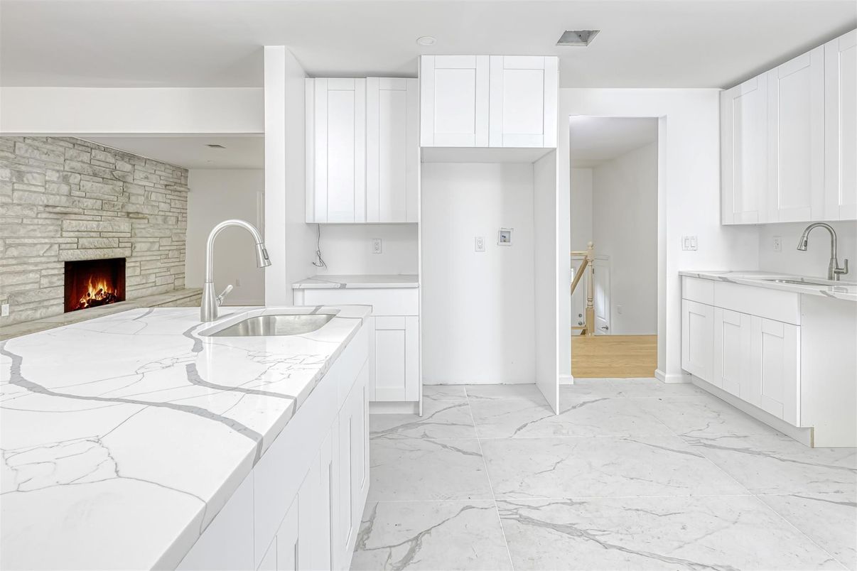 Fireplace, Interior, Kitchen, Marble, Recessed Lighting, Stone Walls