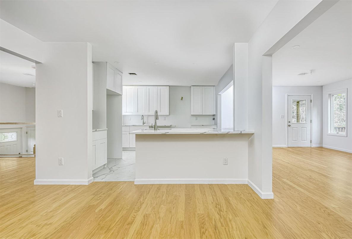 Interior, Kitchen, Marble, Recessed Lighting, Wood Texture Flooring