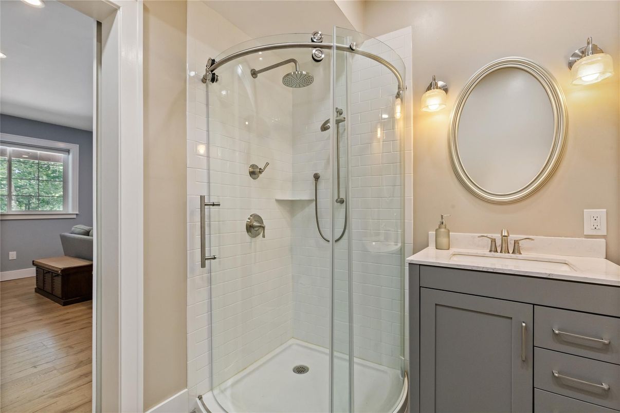 Bathroom, Glass Shower, Interior, Wood Texture Flooring
