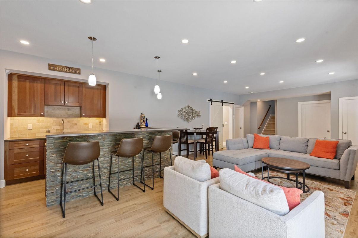 Dining room, Interior, Kitchen, Living room, Pendant Lights, Recessed Lighting, Wood Texture Flooring