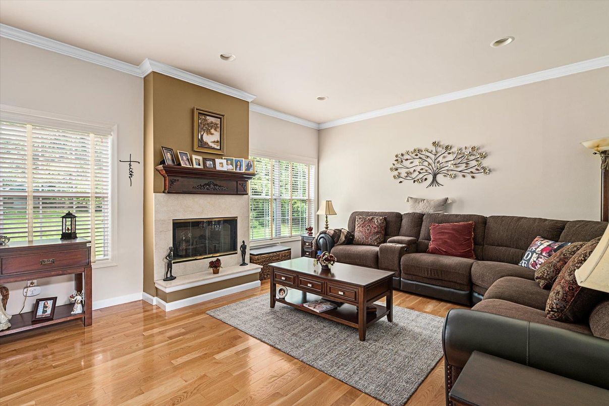 Fireplace, Interior, Living room, Recessed Lighting, Wood Texture Flooring