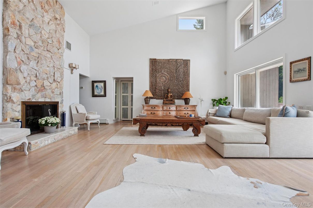 Fireplace, Interior, Living room, Stone Walls, Wood Texture Flooring