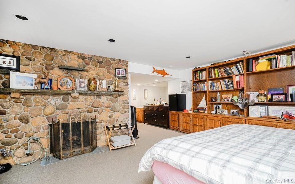 Bedroom, Fireplace, Interior, Recessed Lighting, Stone Walls
