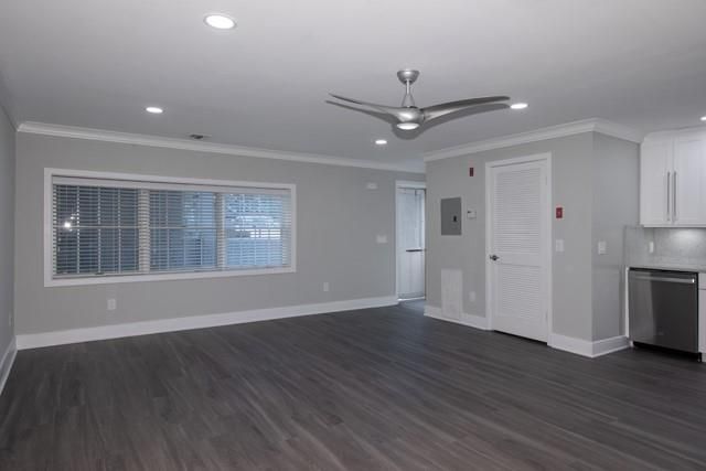 Empty room, Interior, Kitchen, Recessed Lighting, Wood Texture Flooring