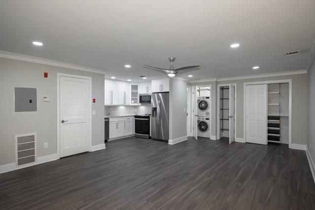Empty room, Interior, Kitchen, Recessed Lighting, Stainless Steel Appliances, Wood Texture Flooring