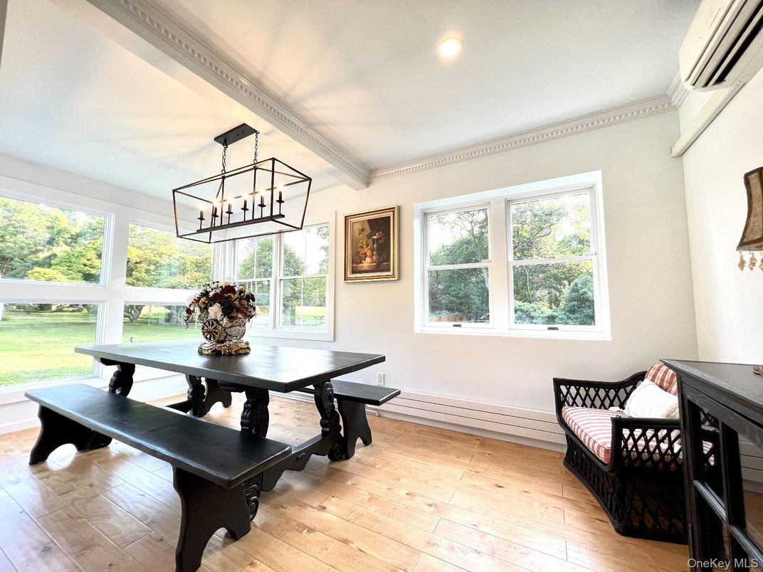 Dining room, Interior, Pendant Lights, Recessed Lighting, Wood Texture Flooring