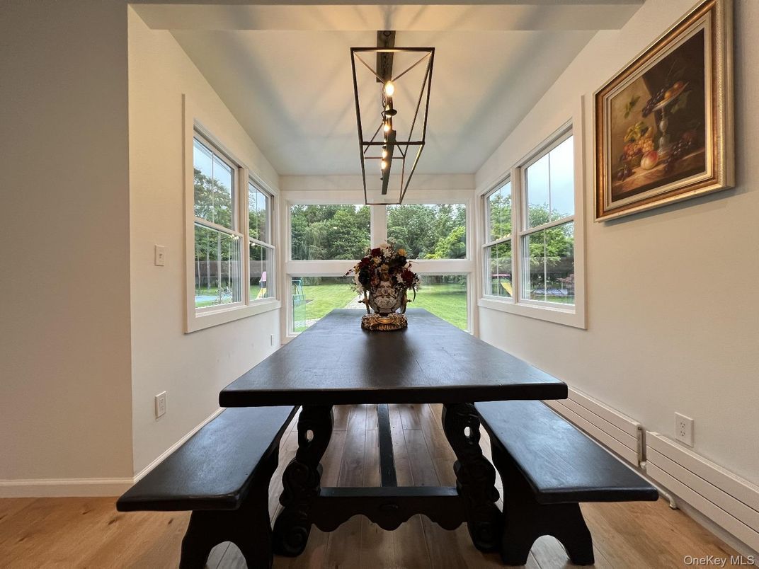 Dining room, Interior, Pendant Lights, Wood Texture Flooring