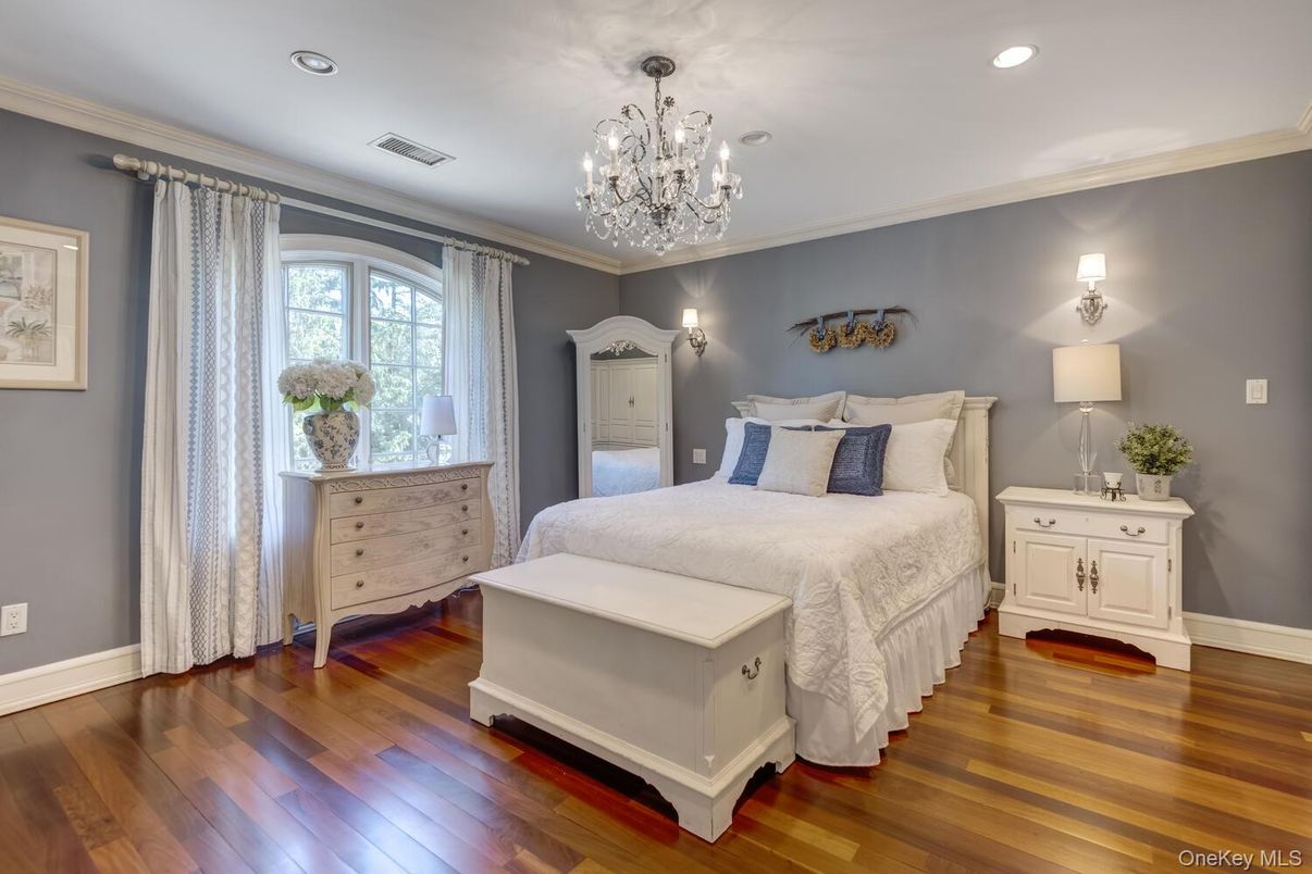 Bedroom, Chandelier, Interior, Recessed Lighting, Wood Texture Flooring