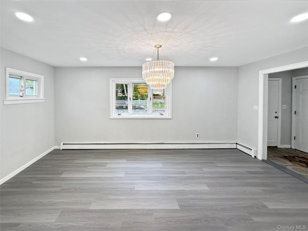 Chandelier, Empty room, Interior, Recessed Lighting, Wood Texture Flooring